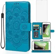 Bohefo Case for iPhone 6 Plus Case, iPhone 6S Plus Wallet Case with Tempered Glass Screen Protector, Embossed Mandala Leather Flip Credit Card Holder Stand Phone Cover Cases for iPhone 6 Plus Blue
