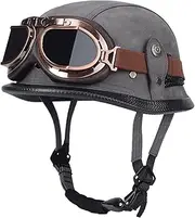 Open Face Motorcycle Helmets Vintage Pilot Style Adult Leather Helmet with Goggles Retro Motorcycling Scooter Half Helmets for Men Women E,Medium