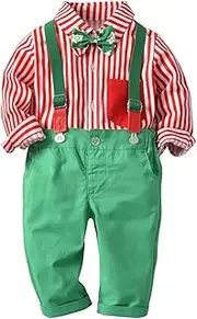 [IBTOM CASTLE] Baby Boy Christmas Tuxedo Outfit Stripe Shirt + Suspenders Strap Adjustable Elastic Braces Pants + Bowtie Toddler Infant Formal Birthday Party Long Sleeve Christening Gentleman Suit Xmas Party Costume