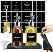 QPIX DIGITAL Oil and Vinegar Dispenser Set with Metal Weighted Pourer 350ml Glass Olive Oil Dispenser for Kitchen with Silicone Tray, Labels, Funnel & Brush,Black, Set of 2