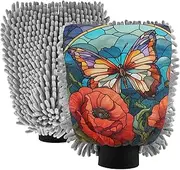 XYMZR Glass Butterfly Flowers Absorbent Microfiber Car Wash Mitt, Funny Cute Anime Scratch Free for Cars Cleaning, Home Cleaning Mitts, 2 Pack, 10.24” L x 7.09” W