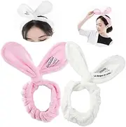 2 Pcs Spa Headband for Makeup Washing Face - Soft Microfiber Terry Head Wraps, Cute Bunny Ear Shape, Adjustable Towels for Women (Pink, White)