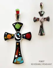 REVERSIBLE CELESTIAL PAUA WHITE TURQUOISE ONYX INLAY .925 SILVER CROSS PENDANT