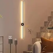USB Rechargeable Wall Lamp Battery Operated Linear Wall Sconces with Motion Sensor Indoor Wall Light Modern Metal LED Long Nordic Lighting Fixtures for Background Decoration (80CM,Black Warm Light)
