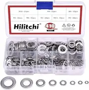 Hilitchi 410-Pcs [8-Size] 304 Stainless Steel Flat Washer Assortment Set - Size Included: M2 M2.5 M3 M4 M5 M6 M8 M10