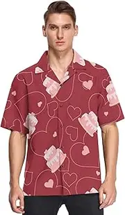 [GuoChe] Hawaiian Button Up Short Sleeve Shirts for Men Valentine's Day Cute Hearts Birthday Cakes Red Party Camisas de Vestir, Valentine's Day Cute Hearts Birthday Cakes Red, Large