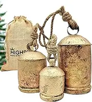 HIGHBIX Set of 3 Giant Harmony Cow Bells Huge Vintage Handmade Rustic Lucky Christmas Hanging XL Bells On Rope (Country Rustic, Large)