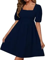 [Generic] Women's Square Neck Bubble Sleeve Casual Loose A Line Dress Mini Party Red Midi Dresses for Women Teenager Girls Plus Size Elegant Solid Plus Evening Elegant Sexy Skirt Shirt
