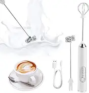 Electric Milk Frother, USB Rechargeable Stainless Steel Milk Whisk, 3 Speeds Milk Steamer, Stick Blender for Cappuccino, Coffee, Latte(White)