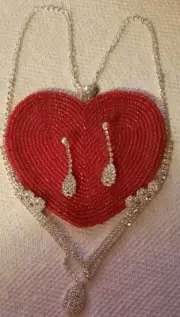 Betsey Johnson Layered V Shape Drop Rhinestone Necklace And Pierced Earring Set