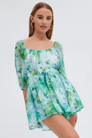 Green Floral Playsuit Short Sleeve Floral Print Chiffon - Size 10, Women's Playsuit