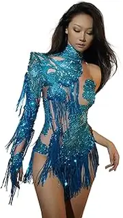 [Youmeisha] Sequin Fringe Rhinestone Single Sleeve Bodysuit Adult Women Performance Leotard Birthday Party Stage Dance Costumes