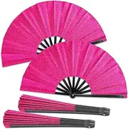 Qyeahkj 2 Pcs Glitter Hot Pink Hand Fan Large Folding Hand Fan Rave Clack Handheld Fans Chinese Tai Chi Kung Fu Fans for EDM Club Party Dance Performance Role Playing Concerts Supplies for Men Women