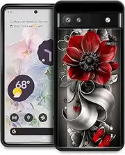 [CARLOCA] Compatible with Google Pixel 7A Case, Red Anemone Flower Gray Silver Black Curves Butterfly Fashion Pattern Design for Girl Shockproof Anti-Scratch Hard PC Back Case for Google Pixel 7A