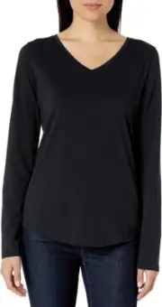 Amazon Essentials Women's Classic-Fit Cotton Long-Sleeve V-Neck T-Shirt Black L