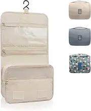 Hanging Toiletry Bag, Cosmetic Wash Bag Portable Organizer Travel Large Storage Bag, Foldable Wash Case with Carry Handle, Cute Makeup Toiletries for Adults Women Men (Beige)