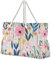 [Yoogain] Summer Floral Light Color Beautiful Sandproof Bag For Women Work with side pocketes Travel Bag Beach for Travel Gym Vacation, Summer Floral Light Color Beautiful, 1 size