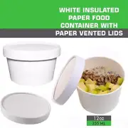 50 White Paper Round Food & Soup Containers with Vented Lids Recyclable 12 Oz.