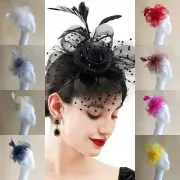Women Girl Flower Mesh Ribbons Feathers Headband Cocktail Tea Party Hat Headwear