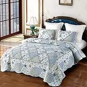 VIVILINEN Blue Patchwork Quilt Set Full Queen Size Reversible Quilted Bedspread Coverlet Set 3-Piece Floral Lightweight Comforter Stitched Bedding Set Bed Sheet Set Cover Blanket with 2 Pillow Shams