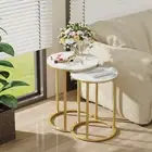 Set of 2 Sintered Stone round Metal Base Nesting Set Side Accent Table Living Ro
