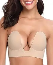 [Bontierie] Women's Push Up Plunge Adhesive Bra Reusable Deep U-Shaped Sticky Bra Strapless Backless Breast Lifting Bra