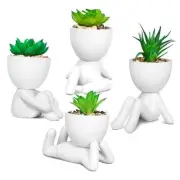 Pack of 4 Mini Artificial Succulents, Ceramic Humanoid Greenery, White