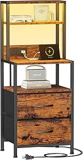 [Furnulem] 39" Tall Bedside Table with 2 Drawers and Charging Station, 2 in 1 Bedside Table and Bookcase, Bedside Table for Bedroom, Home Office, Dorm, Rustic Brown