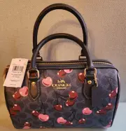 COACH Rowan Satchel Bag Signature Canvas With Cherry Print Denim Pink NWT