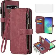 Asuwish Phone Case for Samsung Galaxy S10 Plus Wallet Cover with Tempered Glass Screen Protector Leather Flip Credit Card Holder Stand Cell Accessories S10+ S10plus 10S Edge S 10 10plus Women Men Red