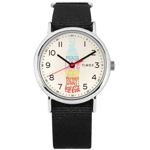 TIMEX 天美時 / 可口可樂聯名 彩色字樣 冷光照明 尼龍手錶 米白x黑 / TXTW2V29800 / 38mm