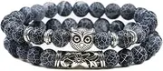 [DAIJES] 2pcs/set Owl Bracelet Blue Pine Beads Bracelets Natural Lava Stone Bead Bangles Men