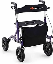 Costway Height Adjustable Rollator Walker, Foldable Rolling Walker with Seat, 24CM All Terrain Pneumatic Wheel, Storage Bag, 160 KG Weight Capacity, Lightweight Rollator Walker for Seniors (Purple)