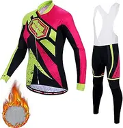 [LMKIJNB] Womens Cycling Jersey Long Sleeves Set Bicycle Clothing Sportswear Biking Suit Tights Bib Pants Winter Thermal Fleece Moisture Wicking UV Protection 3D Gel Padded MTB Outdoor Windproof W01,C,L