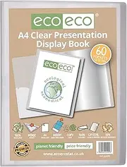 eco-eco A4 Size 50% Recycled 60 Pocket Clear Presentation Display Book, Storage Case Portfolio Art Folder with Plastic Sleeves, eco099