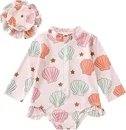 [FEOYA] Baby Girl Long Sleeve One Piece Swimsuit Sun Protected Swimwear Suits with Cute Hat Toddler Rash Guard Swimming Costume Front Zipper Bathing Suit for 0-24 Months
