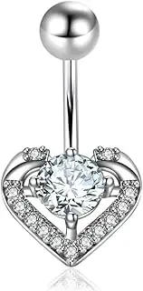 [Niaspi] 14G CZ Diamond Heart Belly Button Rings for Women 316L Surgical Steel Navel Curved Barbell Ring Dainty Body Piercing Jewelry, 14g, Stainless Steel, no gemstone