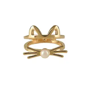 【KATE SPADE】經典貓咪造型珍珠鑲飾雙環戒指(金)