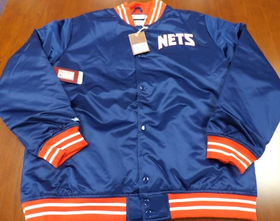 MITCHELL & NESS NBA HWC NEW JERSEY NETS NAVY BLUE SATIN BUTTON UP JACKET 2XL