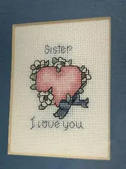 Vintage "Sister, I Love You” Cross Stitch Wood Oak Framed 7"x6.5” Handmade VGC