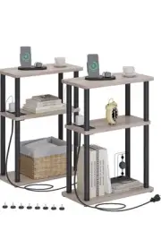 Small Side Table with Charging Station, Set of 2 Narrow End Table, Skinny