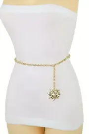 Women Gold Metal Chain Links Skinny Narrow Thin Band Belt Sun Charm Fit XS S M