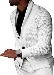 [SWJGLITTR] Men's Hollowed Out Shawl Collar Cardigan Button Cardigans Slim Fit Wool Sweaters Winter Fisherman Casual Cardigans, White, Small