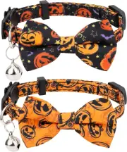 Halloween Cat Collar Set 2Pcs Breakaway Pumpkin Ghost Owl Moon Orange Bell Bow B