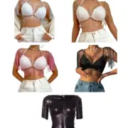 Women Mesh Tanks Tops Rhinestones Hollow Crop Tops T-Shirt Raves Party Clubwear
