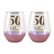 2PK Glitter 50th Celebration Stemless Wine Glass Pink 600ml Drinking Cup Tumbler