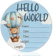 Baby Announcement Sign for Newborn Hello World Newborn Sign Nursery Wall Décor 6 Inch Wooden Nursery Decor with Bear Hot Air Balloon Design Circle Board Blue Baby Gift Boy Girl