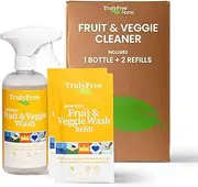 2-Pack TrulyFree Natural Fruit and Veggie Wash - Organic Produce Vegetable and Fruit Wash - Includes: 1 Empty Refillable Spray Bottle (16oz), Two Pouches (3 oz ea.)