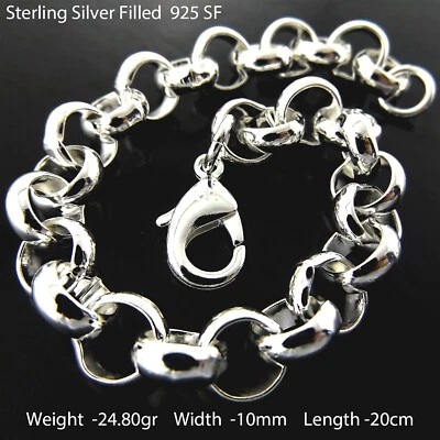 Bracelet Real 925 Sterling Silver Filled Solid 10mm Rolo Belcher Bangle 20cm