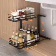 Black 2-Tier Kitchen Under Sink Organiser Storage with Height Adjustable, Unique Slide Rail & Suction Cups for Storage